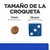 Tamaño de la croqueta: imagen comparativa con una croqueta de 7 mm y un dado azul de 16 mm, ambos mostrados con sus medidas debajo.
