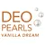 DEO PEARLS VANILLA DREAM, testo visibile con perle bianche. Testo in inglese.