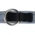 Detailaufnahme eines grauen Halsbands mit schwarzem Nylonband und silbernem Metallring.