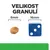 Velikost granulí: granule 6 mm vedle modré kostky 16 mm pro porovnání velikosti.