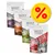 Lot de 4 sachets Wolf of Wilderness Wild Bites, différentes variétés visibles, logo pourcentage jaune indiquant une offre ou promotion.