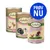 Tre dåser Lukullus hundemad Junior, varianter: Huhn & Kalb, Putenherzen & Lamm, Geflügel & Wild. Blåt mærke med teksten 'PRØV NU' øverst til højre.