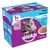 Whiskas Fish Selection in Jelly, 1+ Years, Complete & Balanced, 12×100 g. Lazac, tonhal, szürke tőkehal, fehér hal. Lila doboz macskával és tál étellel.