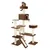 Brown cat tree with multiple levels, cave, hammock and resting areas. Cat sitting on the top platform.