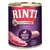 RINTI Singlefleisch Exclusive Ente Pur -purkkiruoka, näkyvissä ankankuvio ja tekstit: 1 Protein Single, getreidefrei. Saksankielinen tuotenimi ja proteiinitieto etiketissä.