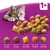 Cat with assorted dry cat food pieces, sizes shown: 11 mm, 10 mm, 10.5 mm, 10 mm, 4.5 mm. White '1+' text in top right corner.