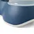 Close-up of a blue food bowl with white rim and integrated water container.
