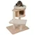 Cat tree made of wood with three levels, sisal posts and padded resting areas. A cat is lying in a soft bed at the top.