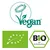Vegan, siglă frunză stele UE și Bio nach EG-Öko-Verordnung. Textul 'Bio nach EG-Öko-Verordnung' este în limba germană.