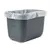 Contenedor de plástico gris con bolsa de basura blanca insertada, forma rectangular y asa lateral visible.