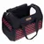 Sac de transport noir et rouge à motif carreaux, poignée en tissu, poche latérale zippée, fenêtre en maille, étiquette visible avec le texte Comfort sur le devant.