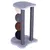 Cat tree with grey platform, two sisal posts and four colourful balls made of rope material in beige, grey, brown and black.