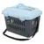 Plastic pet carrier with light blue lid, dark grey base, ventilation slots, black shoulder strap and top handle visible. No brand or text shown.
