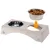 Feeding station made of wood with two stainless steel bowls. One bowl is inserted into the holder using an arrow.