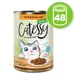 Boîte Catessy chunks with duck & liver, 400 g. Texte visible : Yummmmeow!, Delicously juicy. Lot de 48 boîtes indiqué dans un cercle vert.