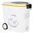 White food container with yellow lid, drawing of a dog and text 'so tasty' and 'dinner is served'. With wheels for easy movement. White food container with yellow lid, drawing of a dog and text 'so tasty' and 'dinner is served'. With wheels for easy movement.