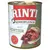RINTI Kennerfleisch mit Rentier, getreidefrei. Dåse med billede af kød og indmad. Tekst: Rinti seit 1983 Original. Synlig tysk tekst på emballagen.