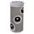 Cylindrical scratching post with three circular entrances, each featuring a hanging plush ball toy inside, and a padded top platform.