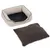 Beige pet bed with black interior and removable brown cushion. Suitable for comfort and easy cleaning.