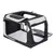 Opvouwbare transportbox van zwart en beige textiel met openingen aan de zijkant en bovenkant, handvat bovenop, geschikt voor huisdieren. Binnenzijde voorzien van wit ligvlak.