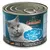 Leonardo Cat Food, bogata morskom ribom, konzerva 200g. Proizvedeno u Njemačkoj. Prikaz sive mačke sa žutim očima.