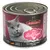 Leonardo Cat Food Pur perad, konzerva 200g, proizvedeno u Njemačkoj. Siva mačka na crvenoj pozadini.