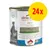 Lot de 24 boîtes Almo Nature HFC Natural thon skipjack et morue, mention sans gluten, texte multilingue sur l’étiquette, image d’un chien et morceaux de poisson visibles.