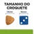 Tamanho do croquete: 13 mm ao lado de um dado azul de 16 mm. Texto visível: 'TAMANHO DO CROQUETE', '13mm', '16mm'.