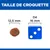 Taille de croquette 12,5 mm comparée à un dé bleu de 16 mm. Texte visible : 'TAILLE DE CROQUETTE', '12,5 mm', 'Dé 16 mm'.
