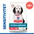 Hill's Science Plan HYPOALLERGENIC hundefoder, NO GRAIN SALMON, billede af sort-hvid hund, tekst: SENSITIVITET, ikon for kornfri og laks synlig på emballagen.