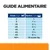Guide alimentaire pour chiens : tableau indiquant le nombre de boîtes par jour selon le poids, de 2 kg (1 boîte) à 60+ kg (35 g par kg).