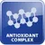 ANTIOXIDANT COMPLEX (κείμενο στα αγγλικά) με εικονίδιο μοριακής δομής σε μπλε φόντο