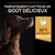 Texte : Parfaitement cuit pour un goût délicieux. Encadré : N°1 ingrédient poulet avec dessin de poule. Chien brun à collier visible sur fond noir.