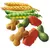 Croquettes multicolores en forme d’os et de légumes, avec épis de blé et gousses de pois visibles à l’arrière-plan. Ingrédients visibles : céréales, pois.