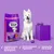 Pet food packaging with text: supports teeth, bone and brain development, freshly prepared ingredients, approved by vets and pets. A pet sits beside the product and toys.