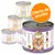 Latas de comida para gatos GranataPet DeliCatessen, variedad Ente & Geflügel, Huhn PUR, Kalb & Kaninchen. Etiqueta: 'Oferta de prueba' en círculo naranja.