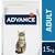 Sacchetto di cibo per gatti Advance affinity, scritta ADULT e peso 15 kg visibili sulla confezione, immagine di un gatto adulto sul fronte.