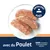 Trois tranches de produit carné sur une assiette, texte : avec du poulet, SANS colorants ni conservateurs ajoutés, EXCELLENT GOÛT. Trois tranches de produit carné sur une assiette, texte : avec du poulet, SANS colorants ni conservateurs ajoutés, EXCELLENT GOÛT.