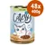 Catessy with lamb, confezione da 48 lattine da 400 g. Testo visibile: YUMMMMEOW!, Jelly-cious!, 400 g e, no added sugar. Immagine di cibo per gatti a cubetti in gelatina.