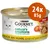 Confezione da 24 lattine da 85 g di Purina Gourmet Nature's Creations, visibile scritta 'reich an huhn, garniert mit spinat und tomaten', immagine di un gatto bianco e cibo con pomodoro. Confezione da 24 lattine da 85 g di Purina Gourmet Nature's Creations, visibile scritta 'reich an huhn, garniert mit spinat und tomaten', immagine di un gatto bianco e cibo con pomodoro.