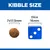 Kibble size shown as 7 by 17.5 millimetres next to a blue dice measuring 16 millimetres for comparison.