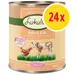 Lukullus Huhn & Kalb Junior, 800 g. Extra calcium & phosphorus. Confezione da 24x. Testo in tedesco: mit Haferflocken, Möhre und Leinöl.