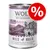 Wolf of Wilderness Wild Hills, 100% grain-free, lata de 400 g. Texto visível: Duck with fruits of the forest, roots and wild herbs. Sinal de percentagem em destaque.
