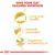 Text: Give your cat tailored nutrition. Long hair health, hairball reduction, digestive performance. Three gold icons beside each benefit. Red crown symbol at bottom.