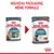 ROYAL CANIN CARE HAIRBALL 85g, ancien et nouveau packaging montrés côte à côte. Texte en haut : 'NOUVEAU PACKAGING, MÊME FORMULE'. Visuels de sachets pour chats avec morceaux en sauce.