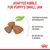 Adapted kibble for puppy’s small jaw. Contains natural antioxidants, no artificial colours, no artificial flavours. Three pieces of brown kibble shown.