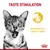 TASTE STIMULATION. Stimulate cat’s sense of taste. Text och symbol på engelska om att stimulera kattens smaksinne, med bild på katt och Royal Canin-symbol.