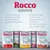 Rocco Sensitive – boîtes visibles : Beef & carrots, Game & pasta, Chicken & potatoes, Turkey & potatoes, Lamb & rice. Texte en allemand sur ingrédients et caractéristiques du produit.