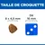 Taille de croquette : 8 x 4,5 mm à côté d’un dé bleu de 16 mm pour comparaison visuelle. Texte visible : 'TAILLE DE CROQUETTE', '8 x 4,5 mm', 'Dé 16 mm'.