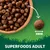 Kibble size shown as 9mm diameter for Superfoods Adult. Image displays bowl of round kibble and one enlarged piece with measurement.